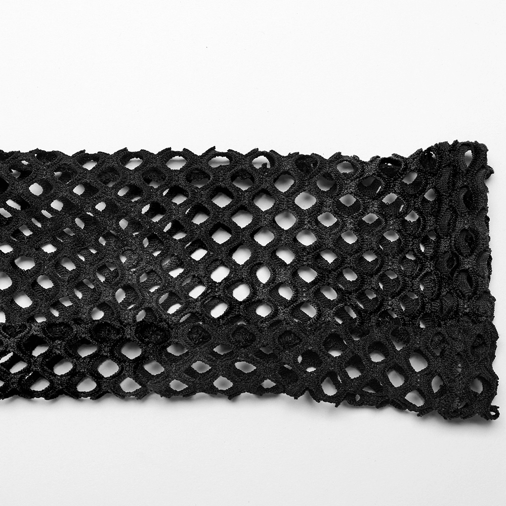 Close-up of black fishnet fabric, showcasing the edgy punk mesh design for stylish leggings.