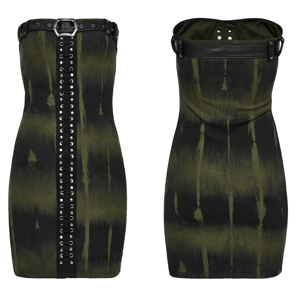 Elastic rib fabric dress with tie-dye print and buckle belt, showcasing a sexy slim design and adjustable chest loop.