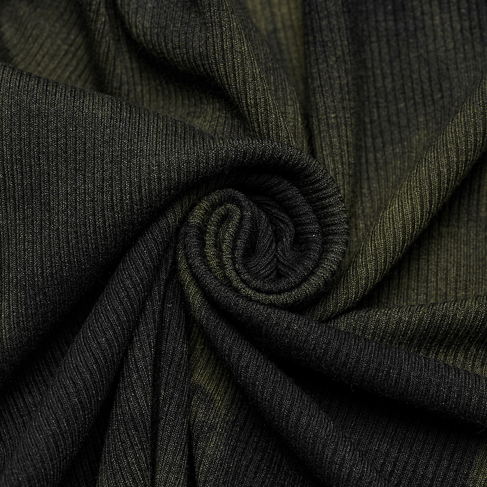 Close-up of soft elastic rib fabric in dark tones, showcasing its texture and stretch.