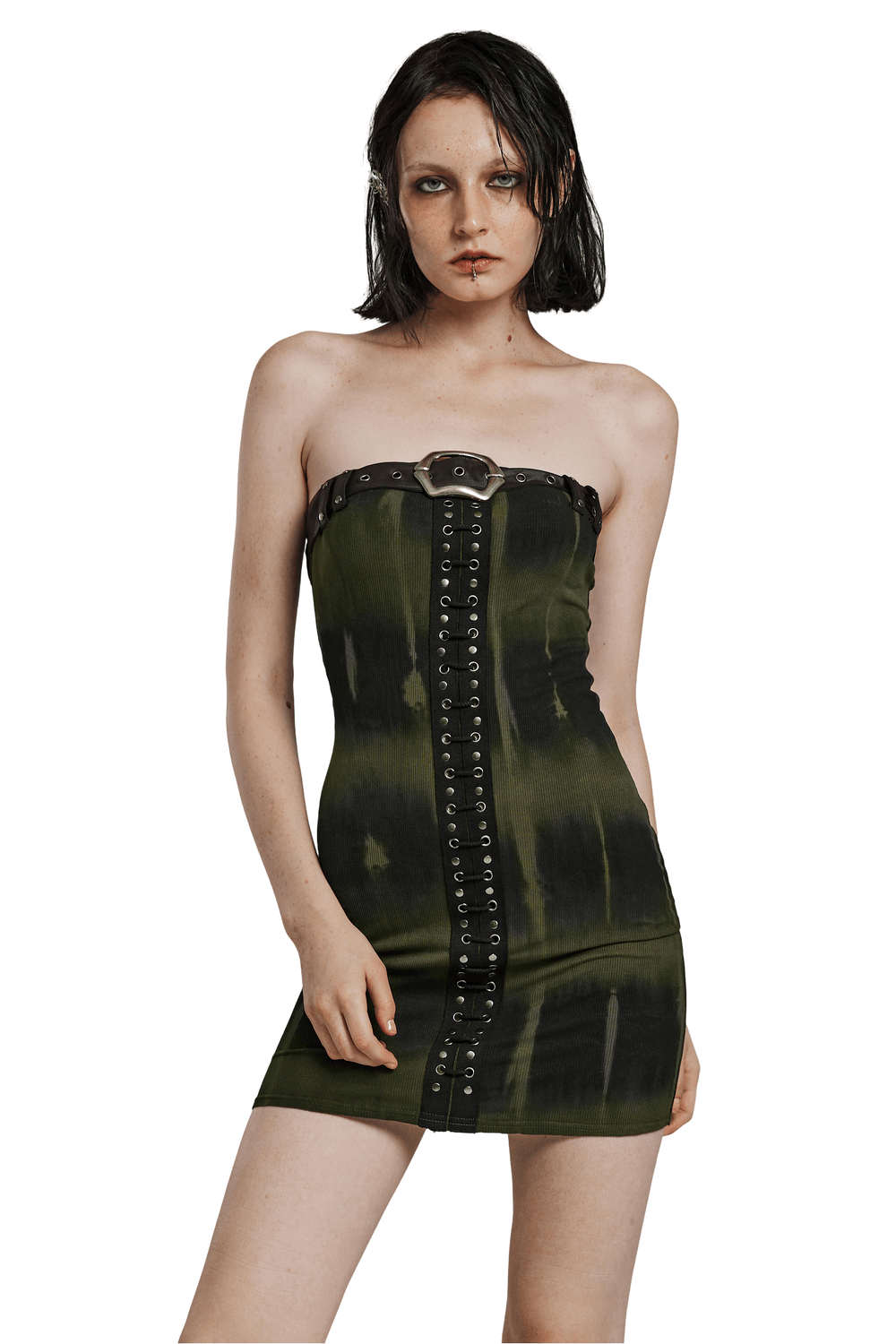 Elastic rib fabric dress with tie-dye print, featuring a drawstring and sexy, slim-fitting design.