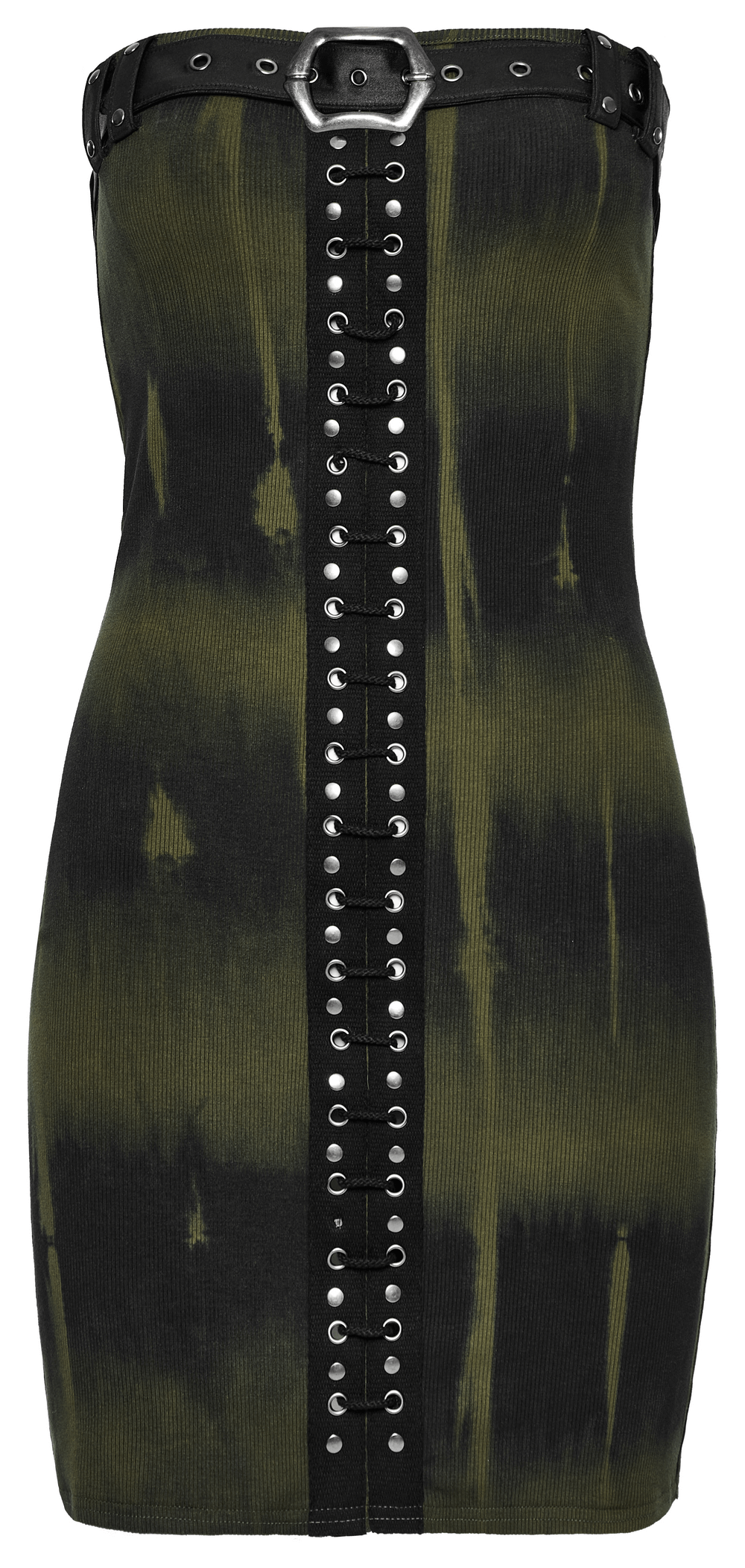 Elastic rib dress with tie-dye print, drawstring, and edgy belt detail for a wild look.