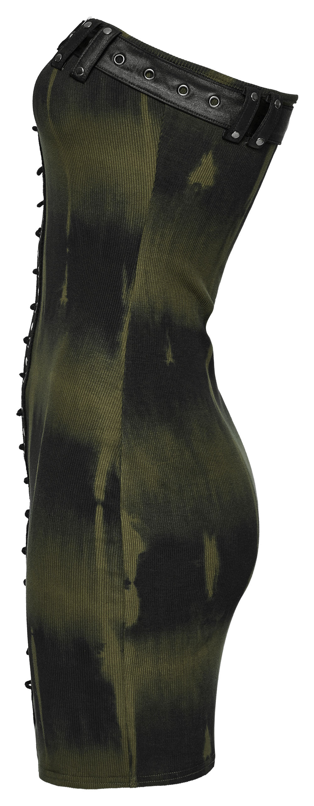 Elastic rib fabric dress in tie-dye print with drawstring and adjustable chest loop for a wild, sexy style.