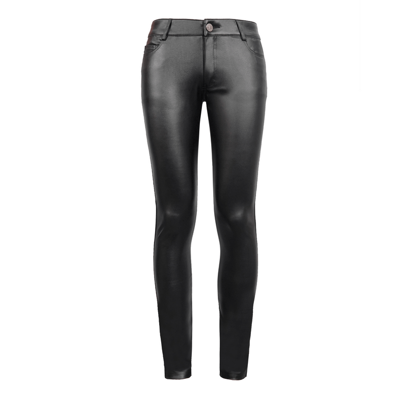 Men's black skinny PU leather pants with a sleek fit, featuring a trendy punk style and comfortable pockets.