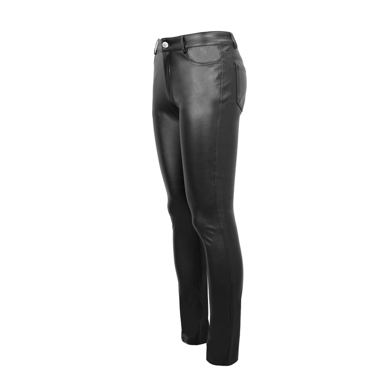 Men's black skinny PU leather pants with zipper, showcasing a sleek punk style for comfort and fashion.