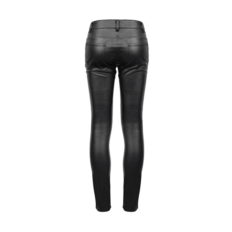 Back view of men's black skinny PU leather pants with a sleek fit and stylish design.