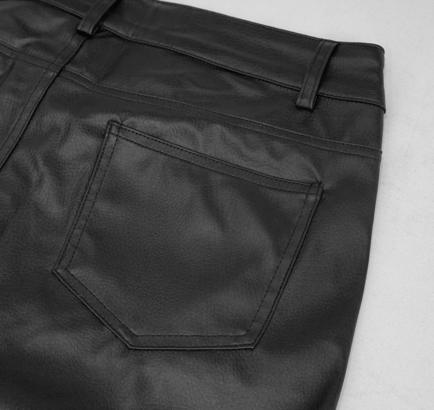 Close-up of black PU leather pants showcasing the back pocket detail in a stylish punk fashion.