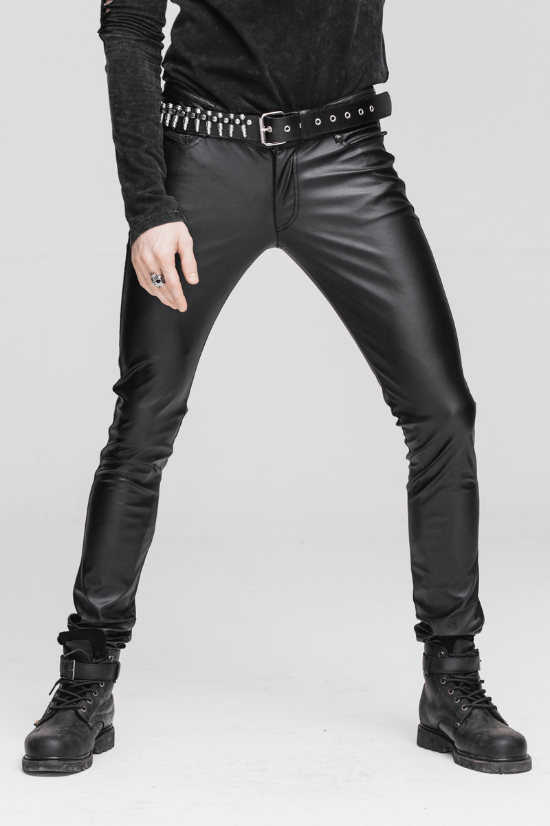 Men's black skinny punk style PU leather pants with pockets, featuring a stylish belt and boots.