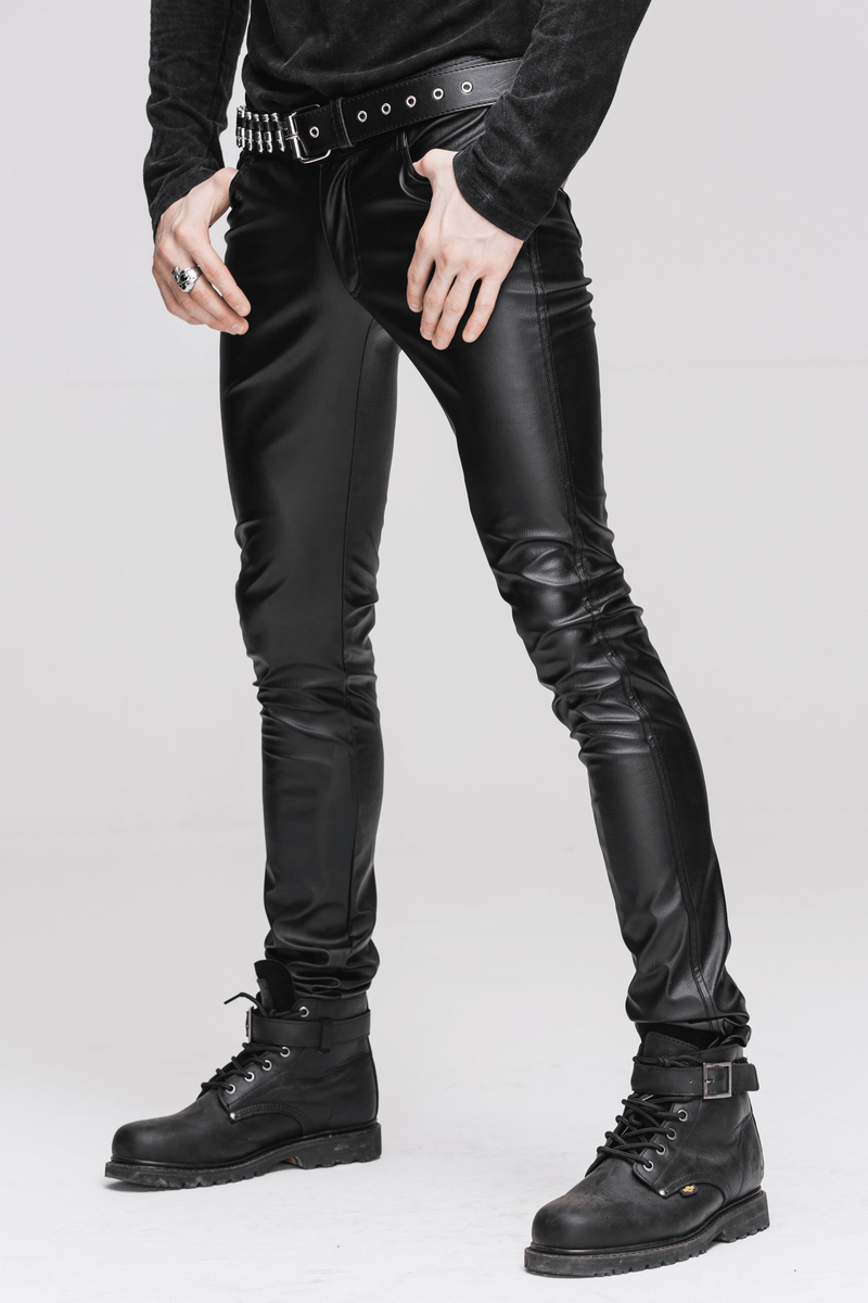 Men's black skinny PU leather pants in punk style, featuring a semi-fitted cut and stylish belt, perfect for edgy fashion.