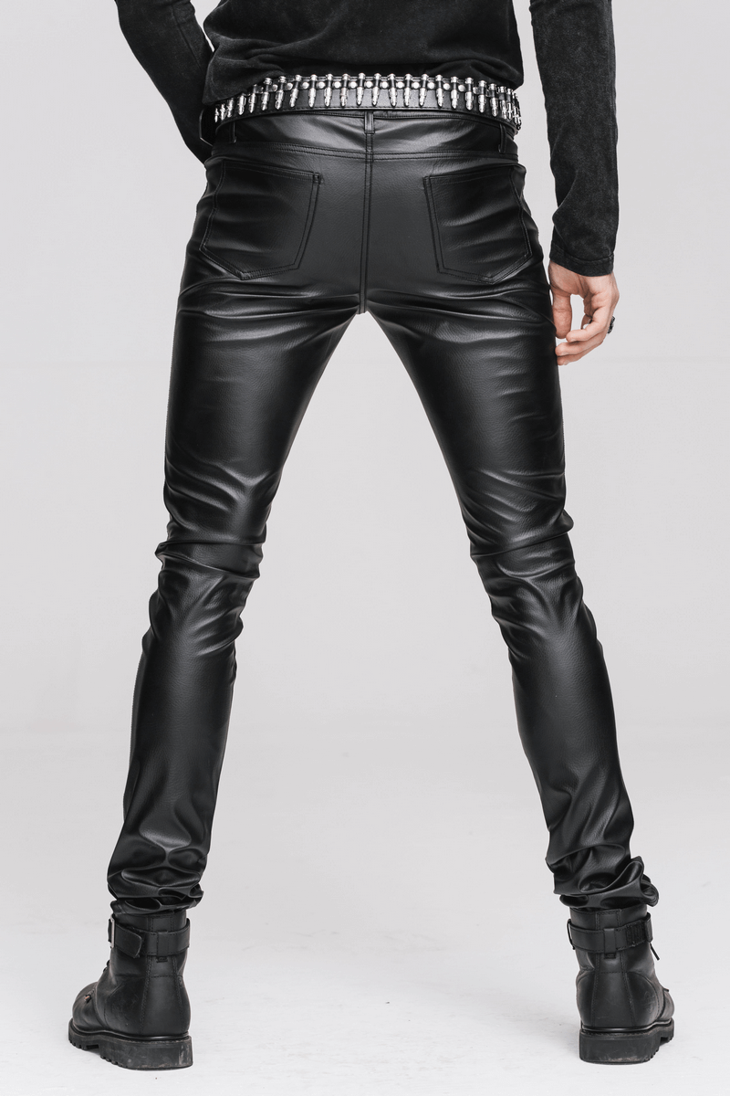 Men's black skinny PU leather pants in punk style, featuring a chic zipper and stylish cut.