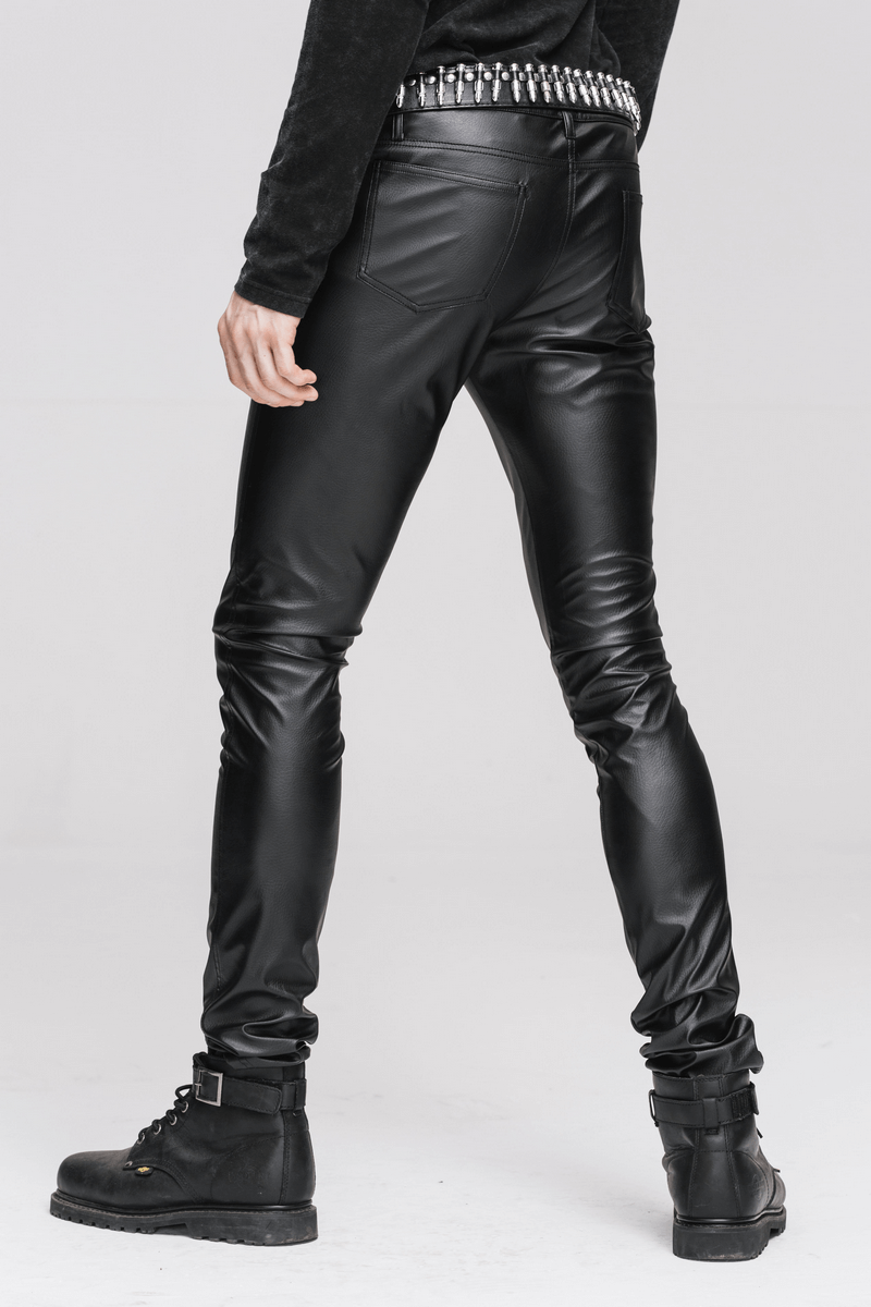 Men's black PU leather skinny pants in punk style, featuring a sleek fit and stylish back view.