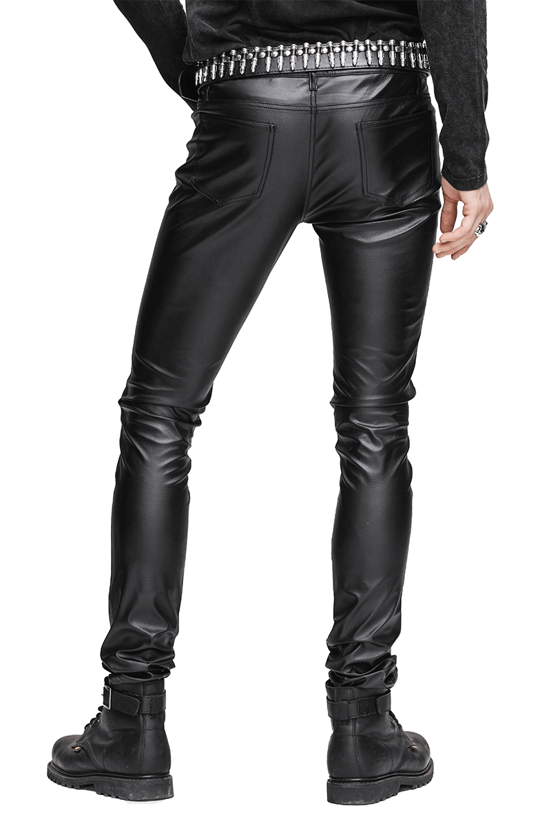Back view of men's black skinny PU leather pants with stylish belt, perfect for punk fashion enthusiasts.