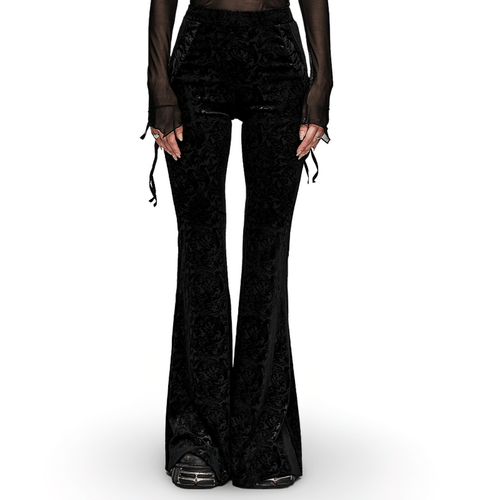 Pantalon évasé gothique en velours élastique avec laçage latéral