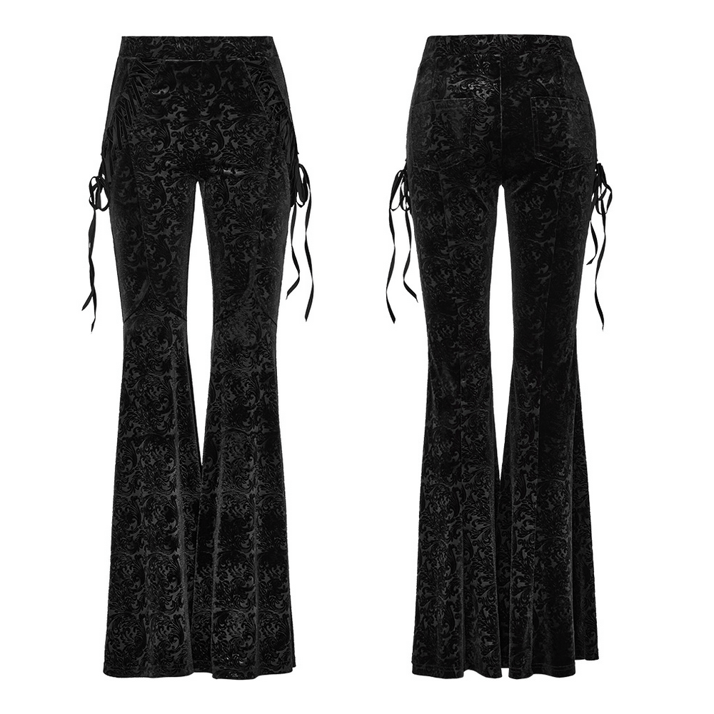 Elastic velvet gothic flare pants with lace-up sides, featuring dark textured jacquard design for a stylish fit.