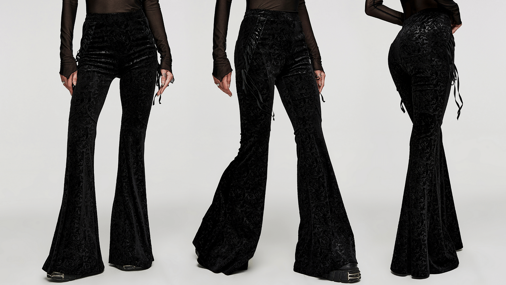 Dark velvet gothic flare pants with side lacing, featuring a snug fit and elegant flare silhouette.