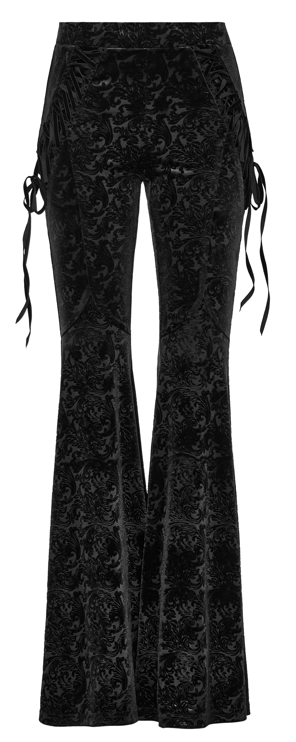 Gothic velvet flare pants with lace-up sides, featuring dark jacquard texture for a stylish and comfy fit.