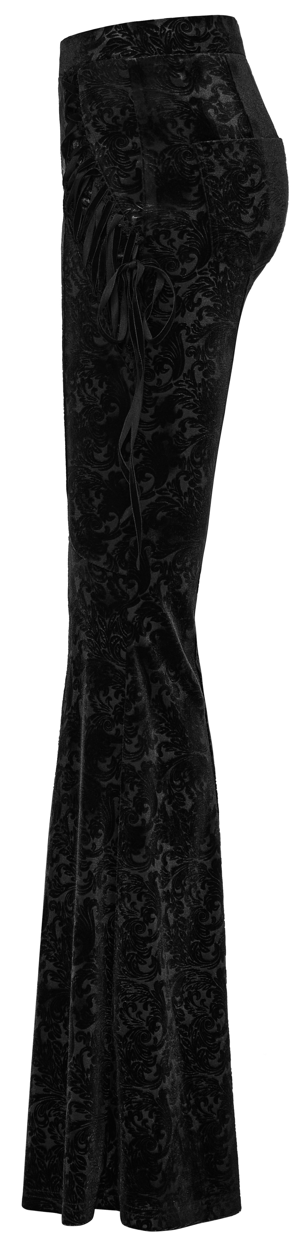 Side view of elastic velvet gothic flare pants with lace-up sides, featuring dark jacquard texture and classic flared silhouette.
