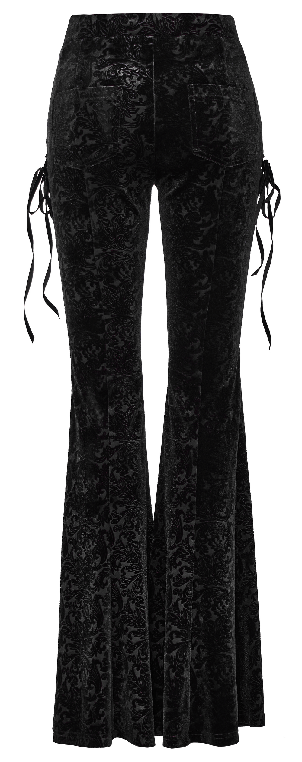 Back view of Elastic Velvet Gothic Flare Pants with side lacing, showcasing dark textured jacquard fabric.