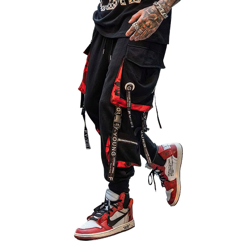 Elastic waist men's joggers with multi pockets and straps, perfect for stylish streetwear vibes.