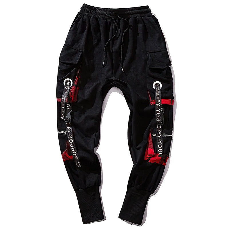 Men's elastic waist joggers with multi pockets and stylish straps, perfect for casual streetwear.