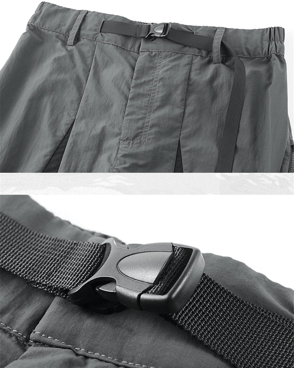 Close-up of elastic waist tactical shorts with adjustable buckle, showcasing comfort and functionality.