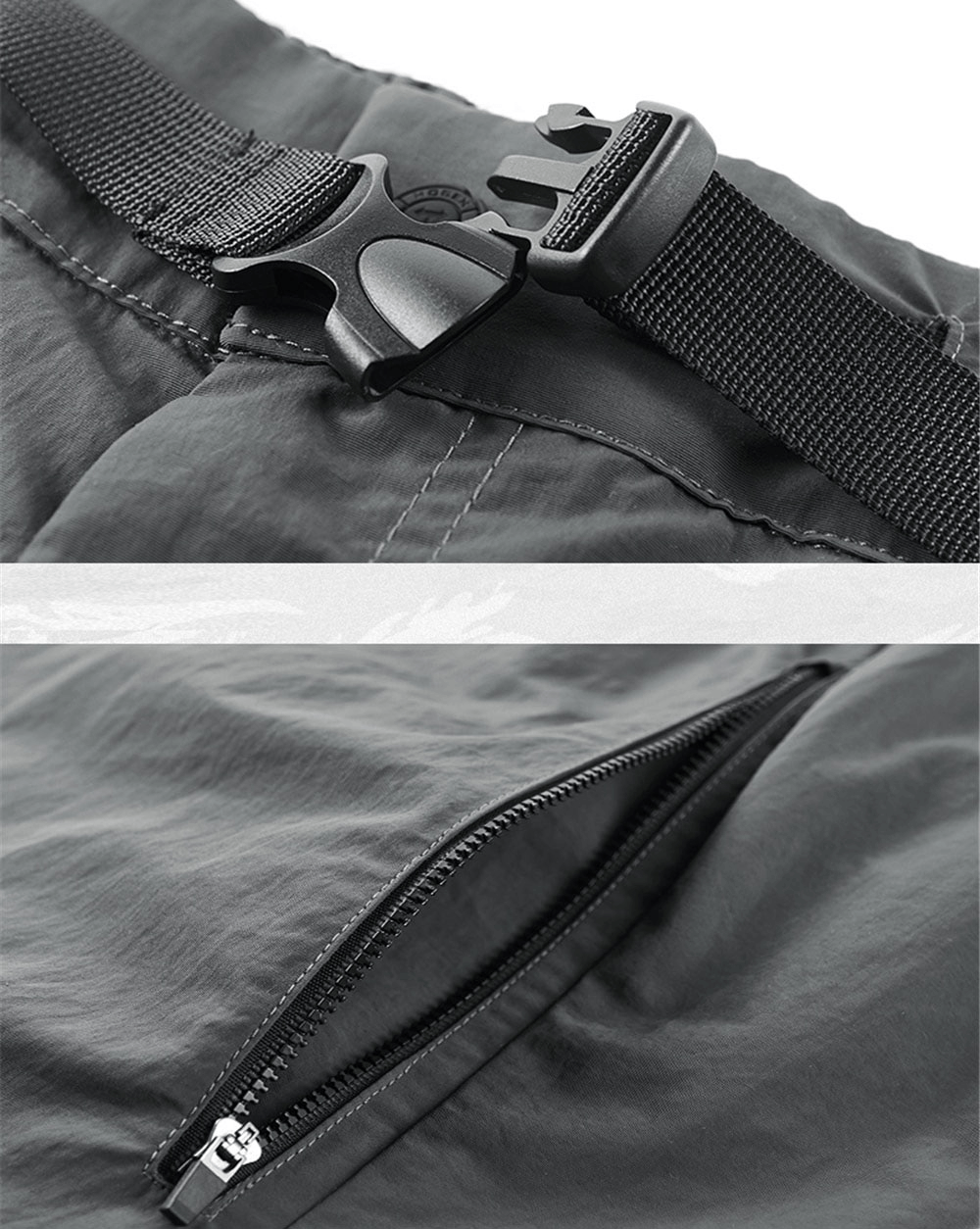 Close-up of elastic waist tactical shorts showcasing buckle and zippered pocket for style and functionality.