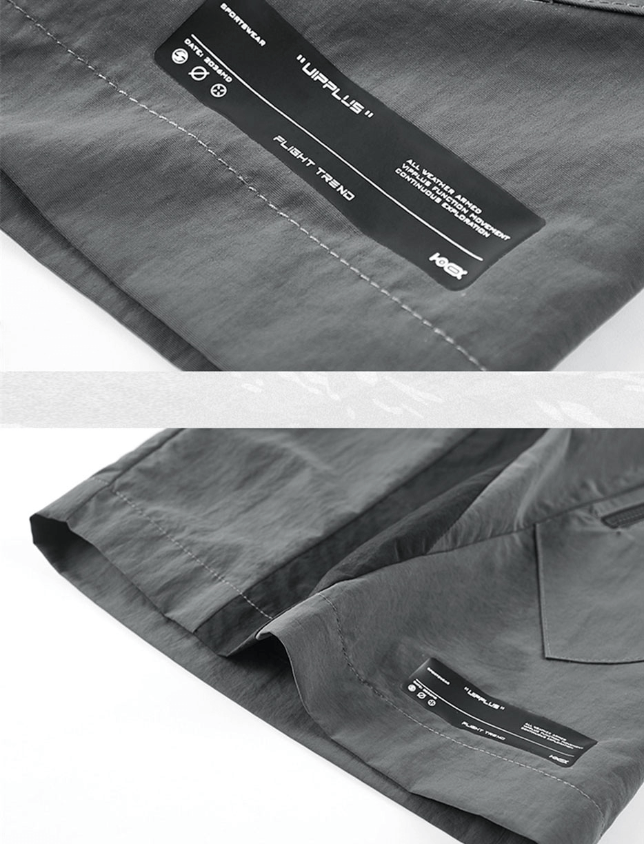Close-up of the label on elastic waist tactical shorts showcasing care instructions and brand details.