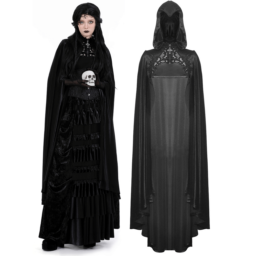 Gothic black velvet cape with hood and skull embroidery, perfect for a mysterious and dramatic outfit.
