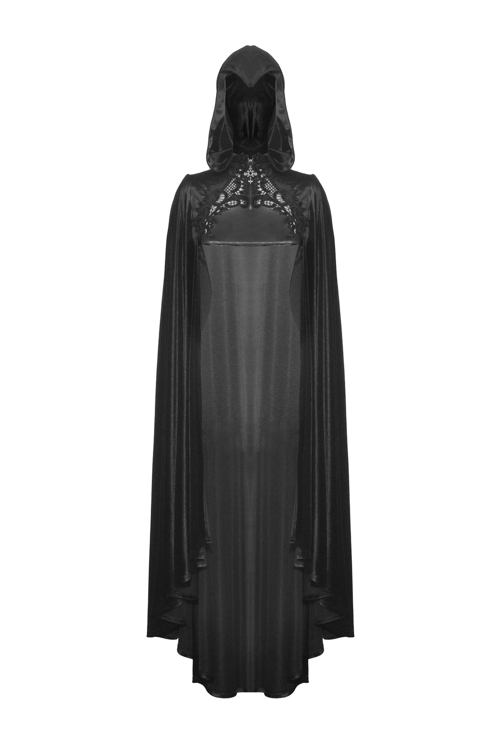 Gothic black velvet cape with hood and skull embroidery, perfect for adding drama and mystery to your outfit.