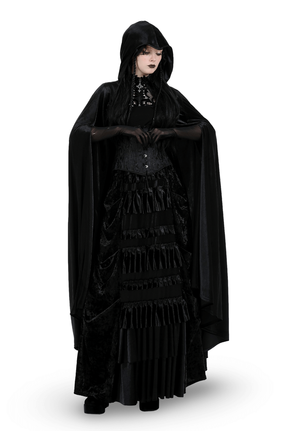 Elegance Black Velvet Cape with Skull Embroidery