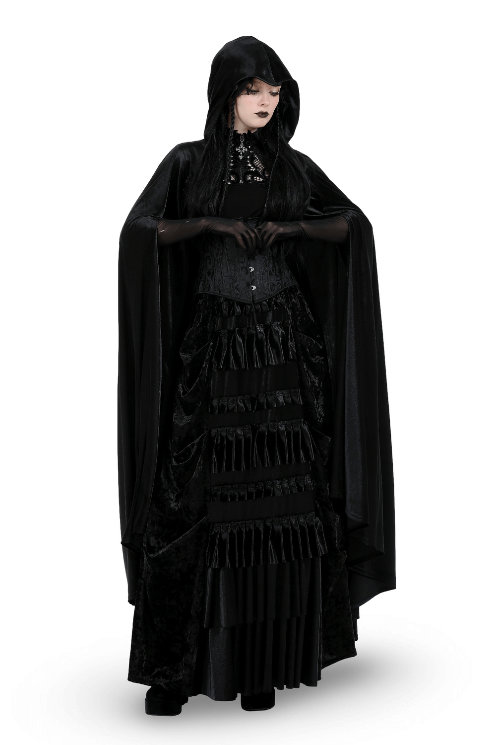 Elegant black velvet cape with hood, featuring gothic skull embroidery and flowing design for a dramatic look.