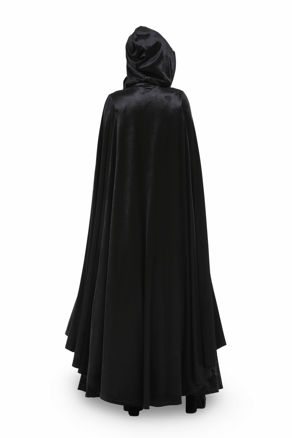 Back view of a flowing black velvet cape with hood, perfect for gothic elegance and mystery.