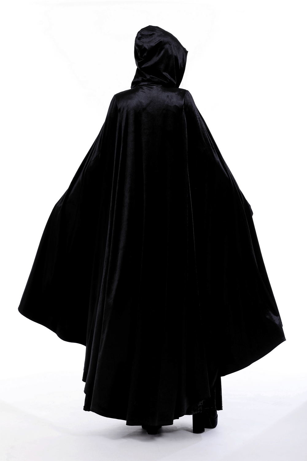 Elegant black velvet cape with hood, flowing design, perfect for adding gothic flair to any outfit.
