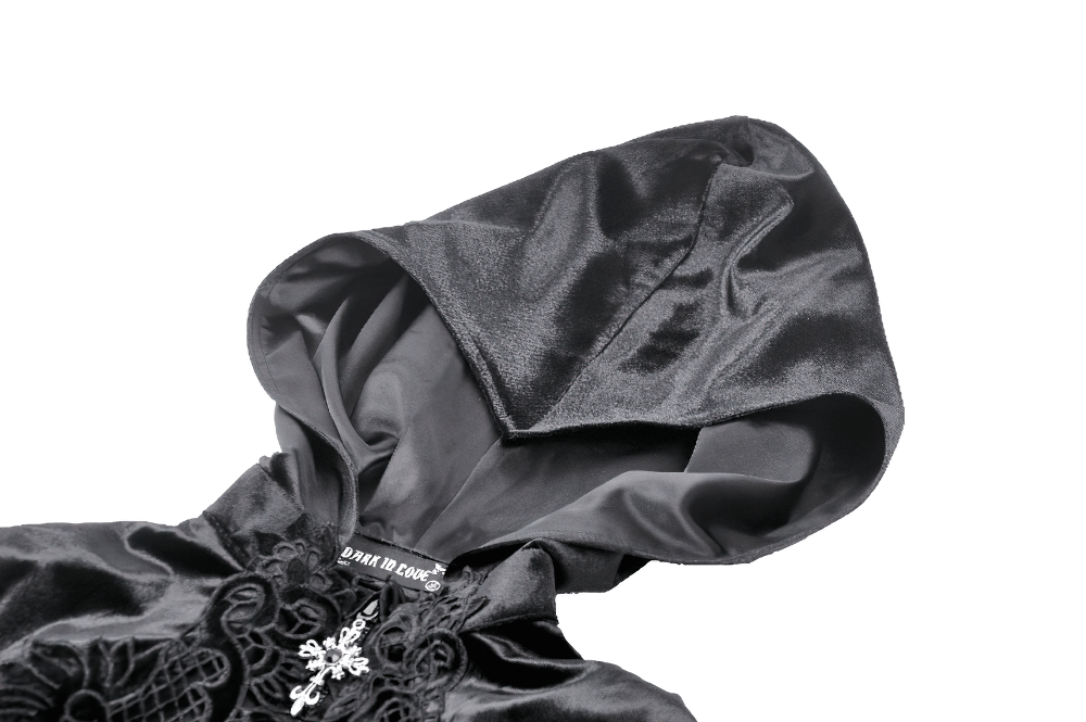 Close-up of a gothic black velvet cape hood, featuring intricate embroidery, perfect for adding dramatic flair.