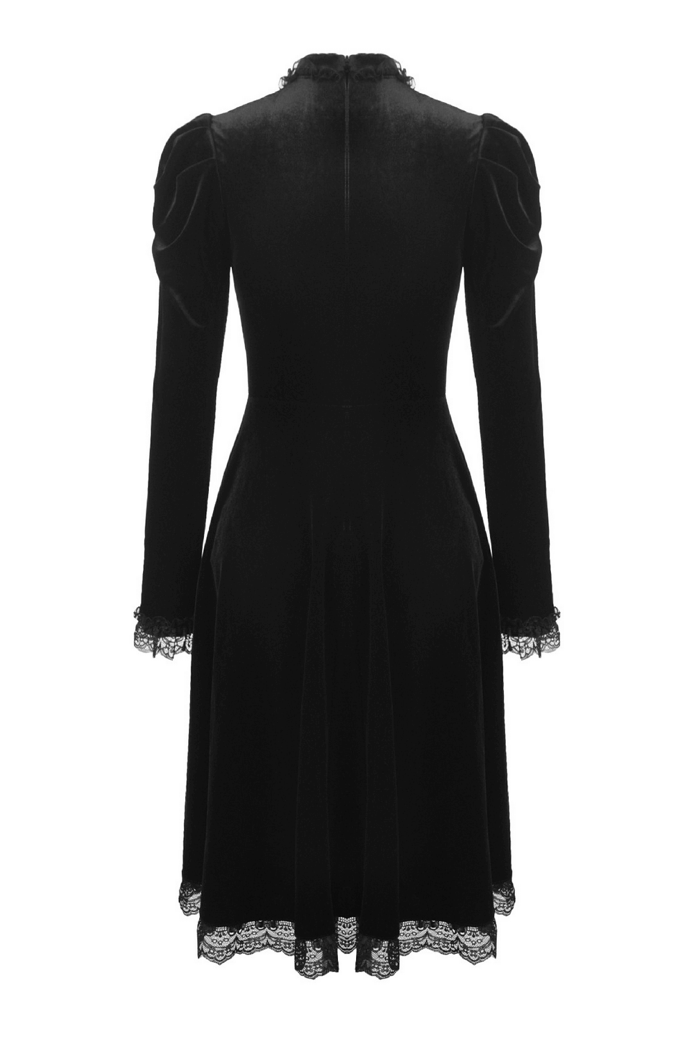 Elegance Gothic Black Lace Velvet Dress for Dark Style showcasing the back view with long sleeves and lace trim.