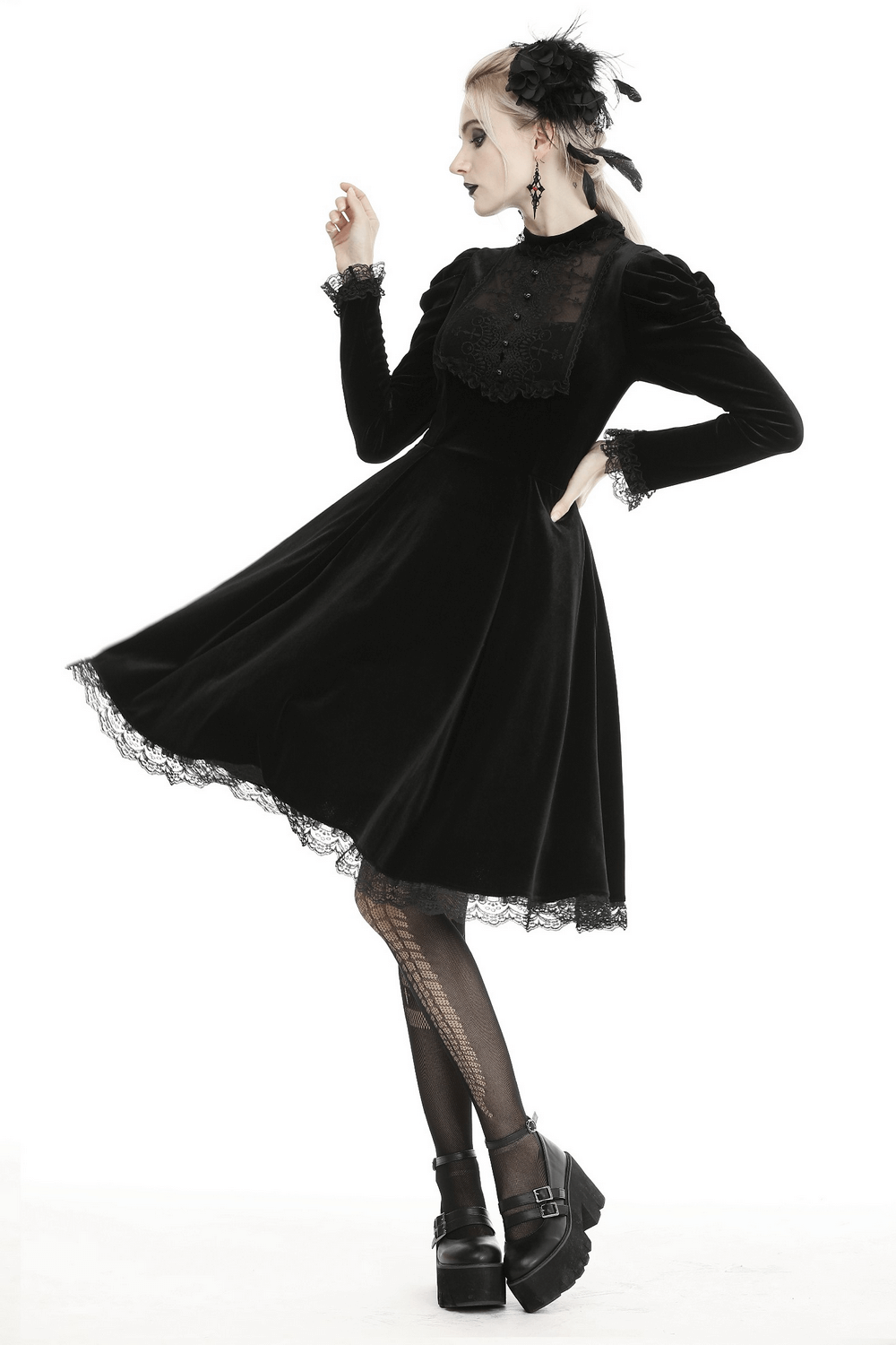 Elegance Gothic Black Lace Velvet Dress for Dark Style worn by model, showcasing its flowing skirt and Victorian lace details.