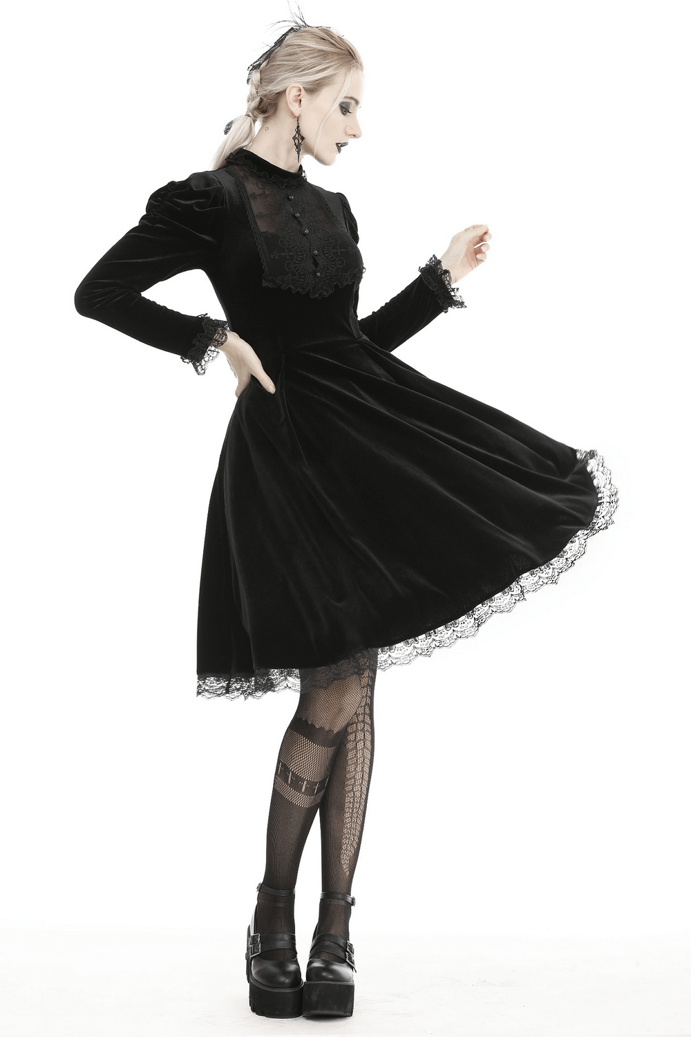 Elegance Gothic Black Lace Velvet Dress for Dark Style worn by a model in flowing motion, showcasing its Victorian design.