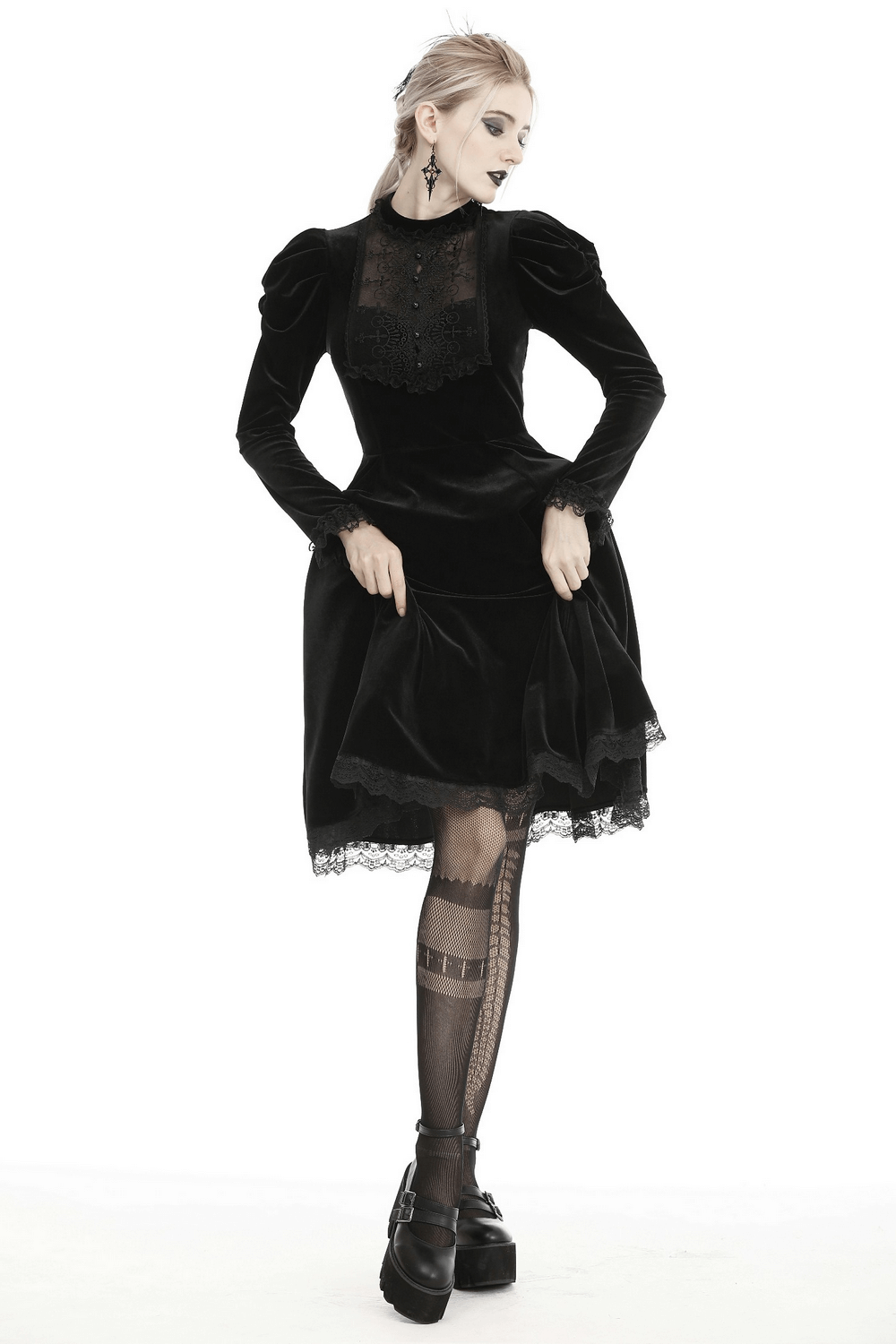 Elegance Gothic Black Lace Velvet Dress for Dark Style