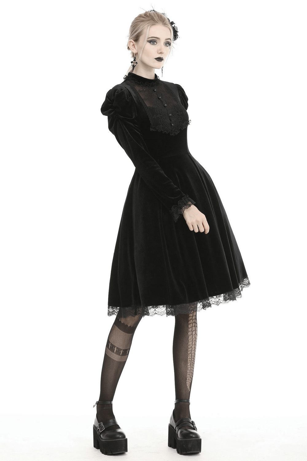Elegance Gothic Black Lace Velvet Dress for Dark Style worn by a model in a striking pose showcasing its Victorian design.