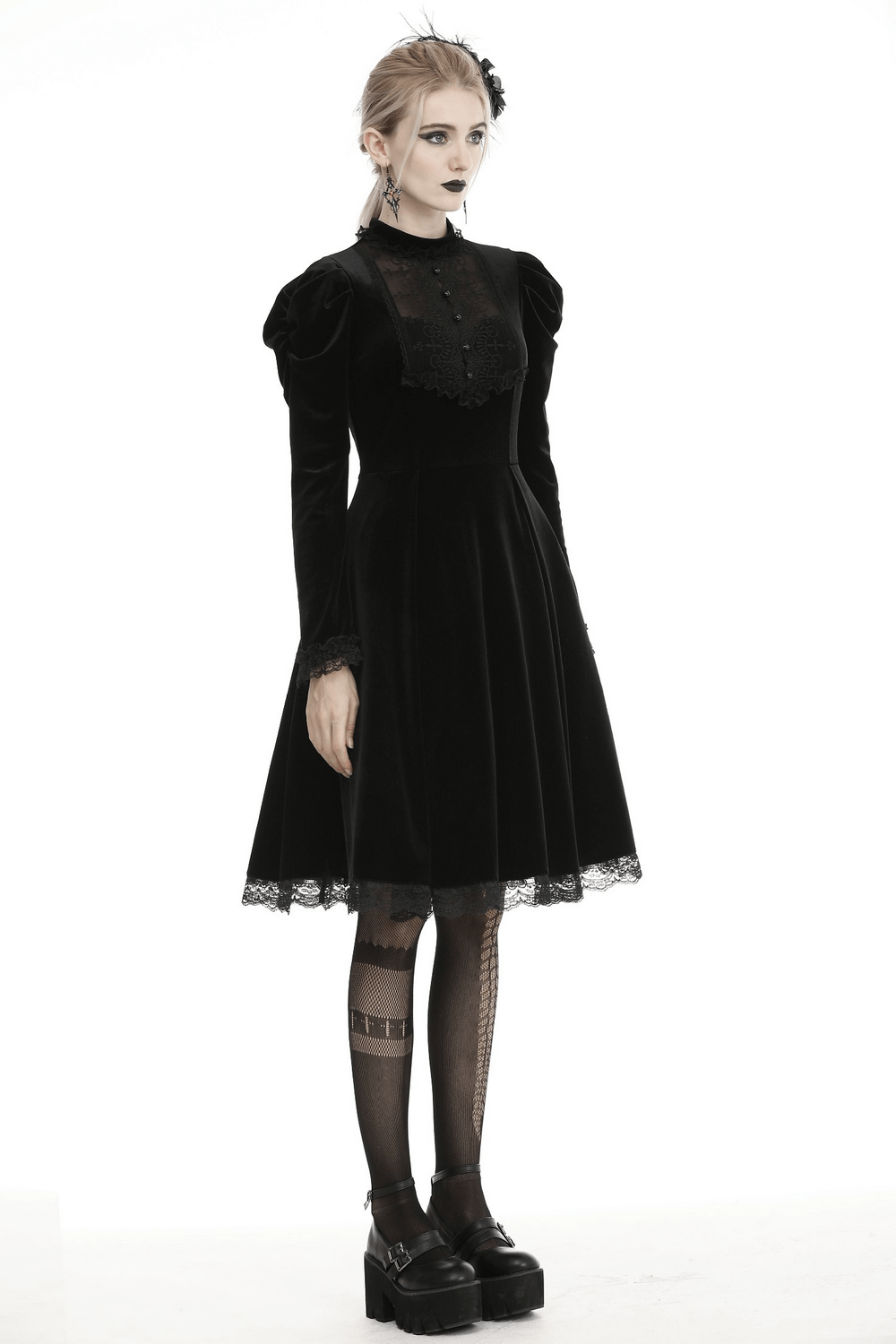 Elegance Gothic Black Lace Velvet Dress for Dark Style worn by model showcasing its Victorian design and flowing silhouette.