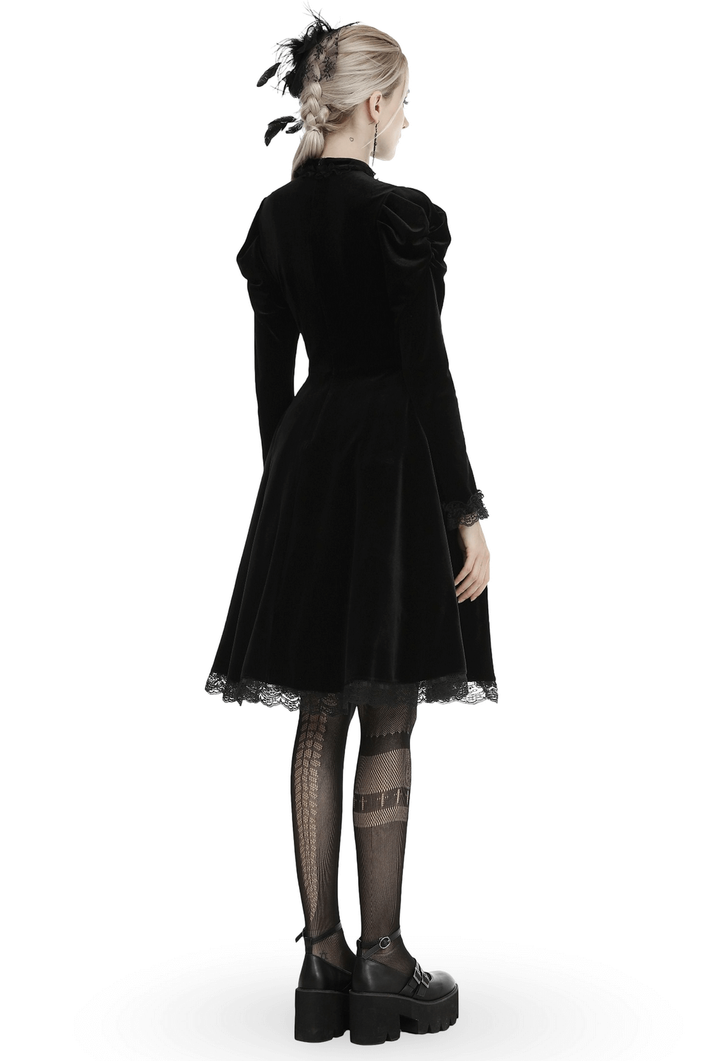 Elegance Gothic Black Lace Velvet Dress for Dark Style, showcasing the back with lace trim and Victorian details.