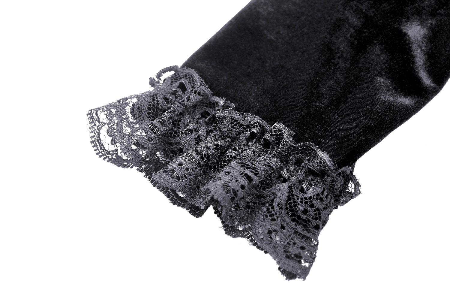 Detail of the lace trim on the sleeve of the Elegance Gothic Black Lace Velvet Dress for Dark Style.