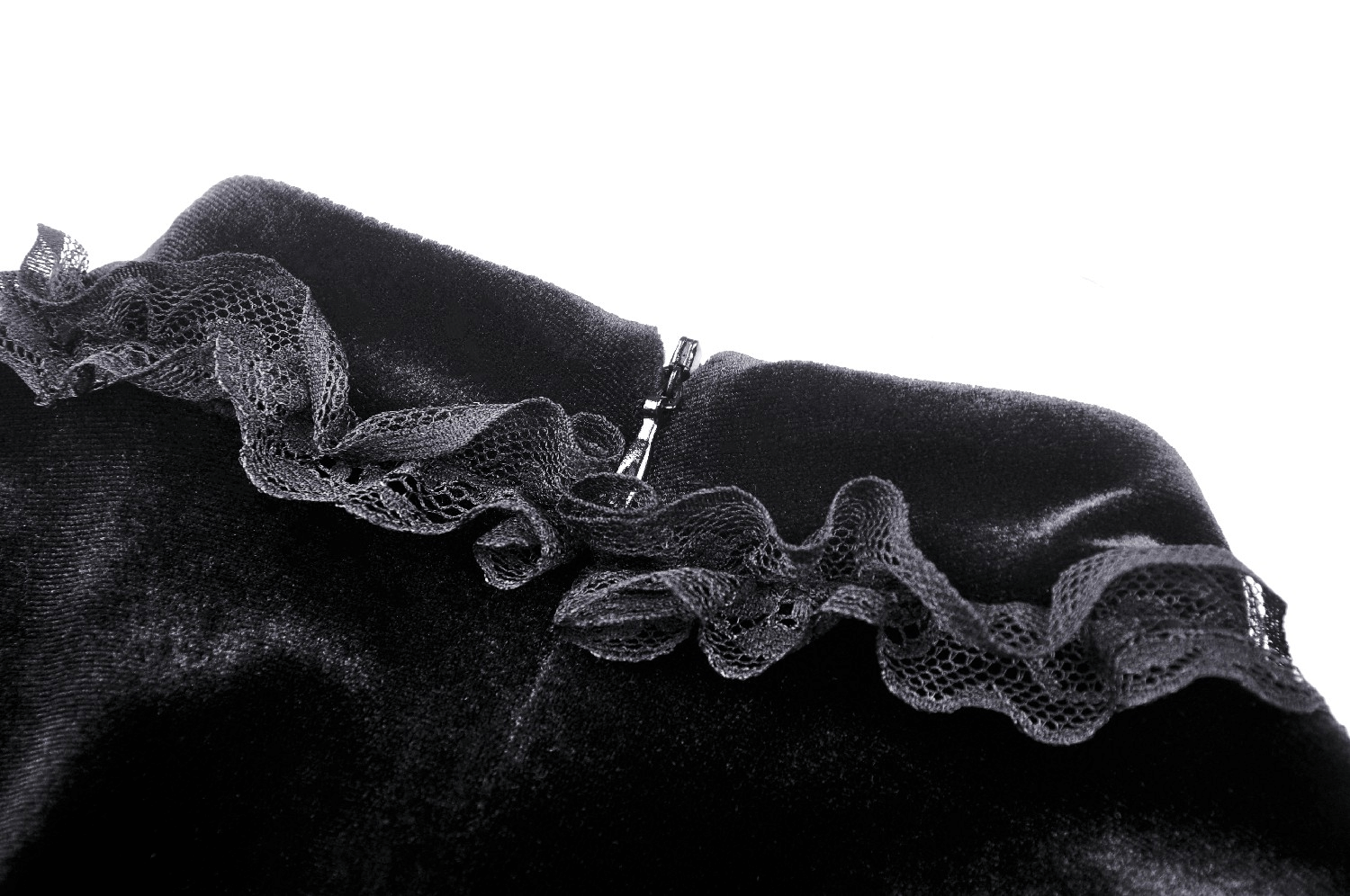 Details of the Elegance Gothic Black Lace Velvet Dress for Dark Style showcasing the intricate lace trim.