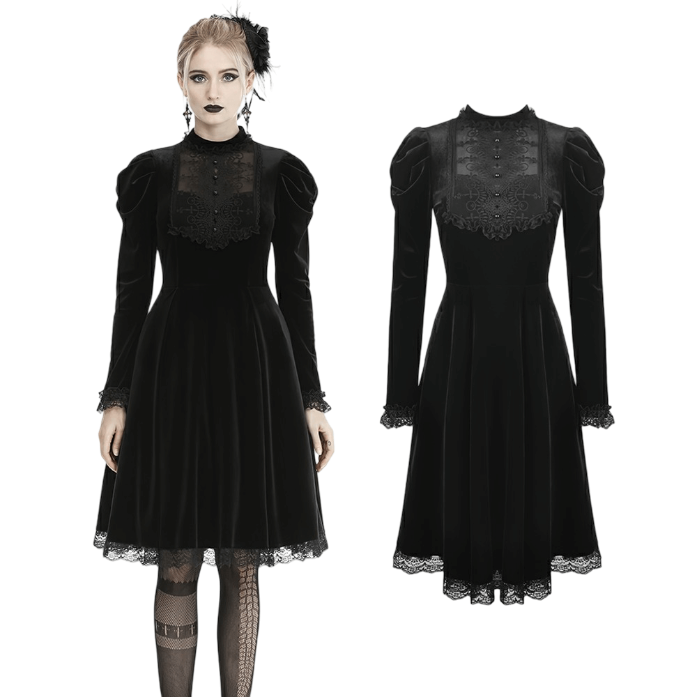 Elegance Gothic Black Lace Velvet Dress for Dark Style worn by a model showcasing the Victorian gothic design.