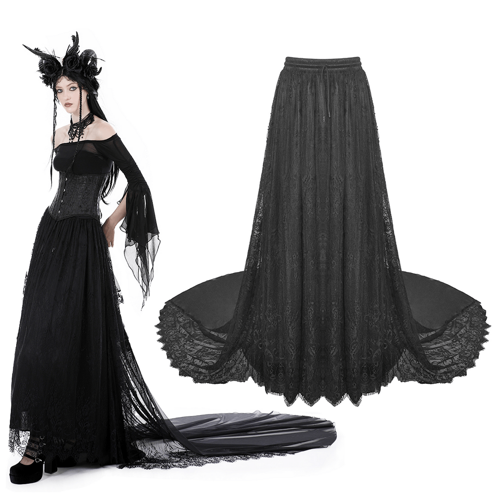 Elegance Romance Embroidered Maxi Lace Skirt with Train