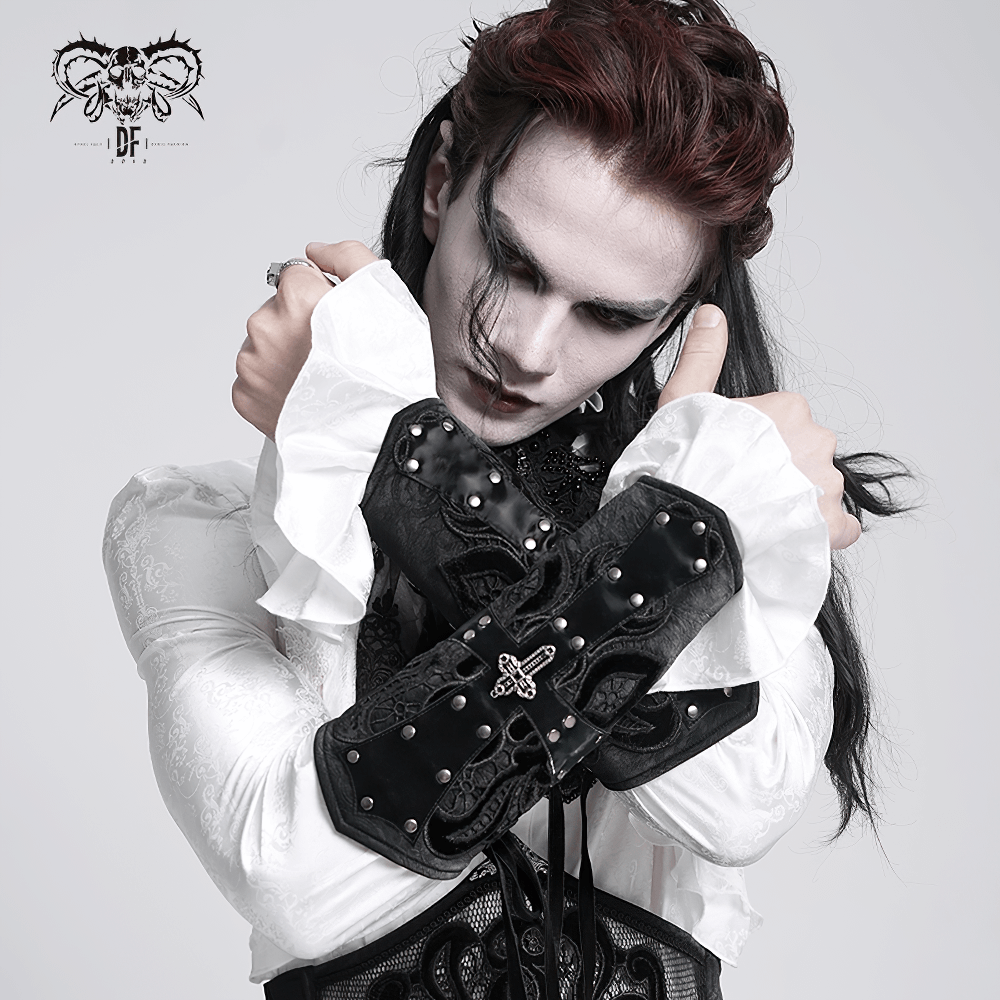 Gothic-style man wearing an elegant adjustable bracelet, showcasing bold synthetic leather and intricate lace details.