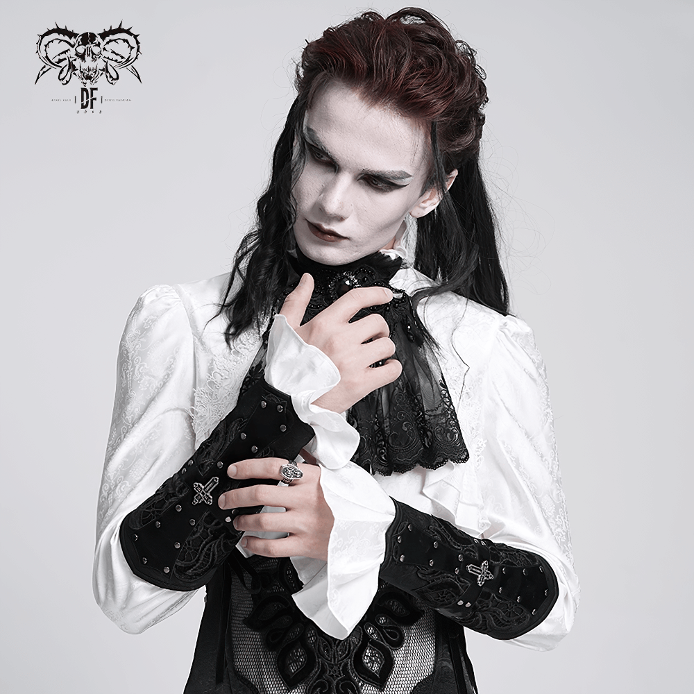 Gothic fashion model in elegant white and black attire, showcasing intricate lace details and a bold, dramatic look.