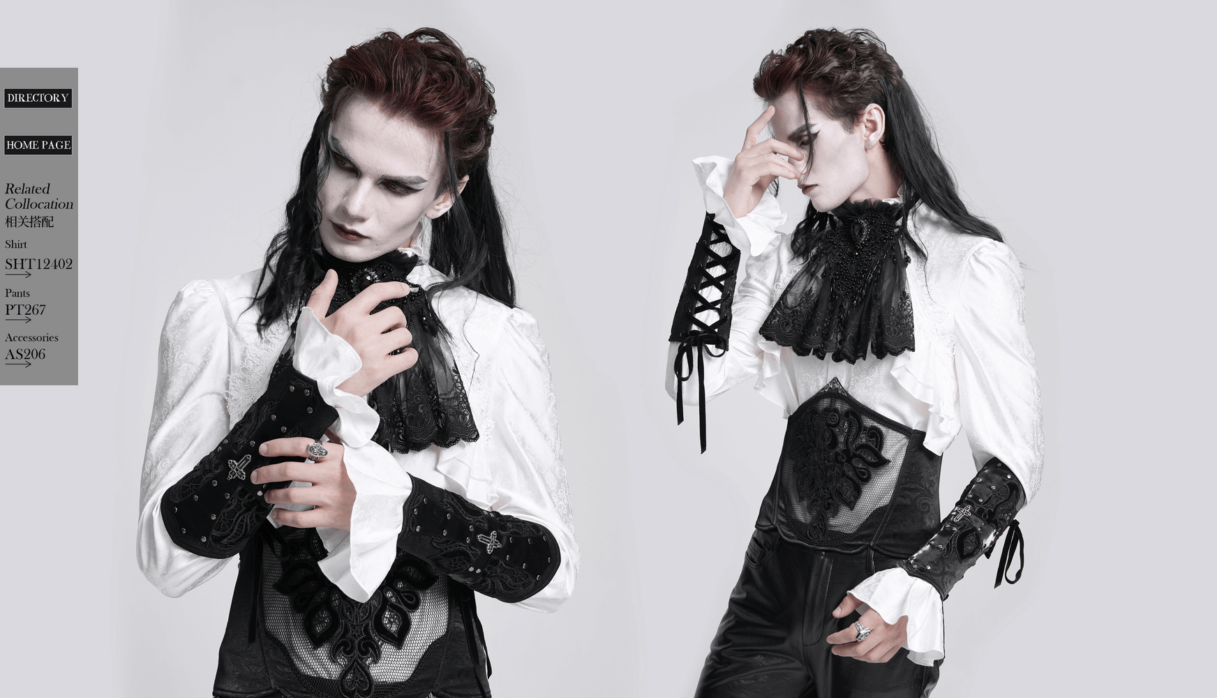 Model showcasing an elegant gothic outfit with lace details and dramatic sleeves, perfect for alternative fashion.