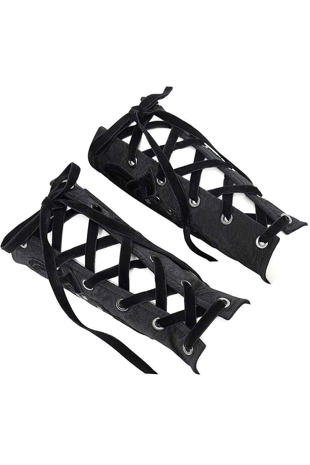 Elegant black gothic wrist cuffs with lace details and adjustable ties for a bold fashion statement.