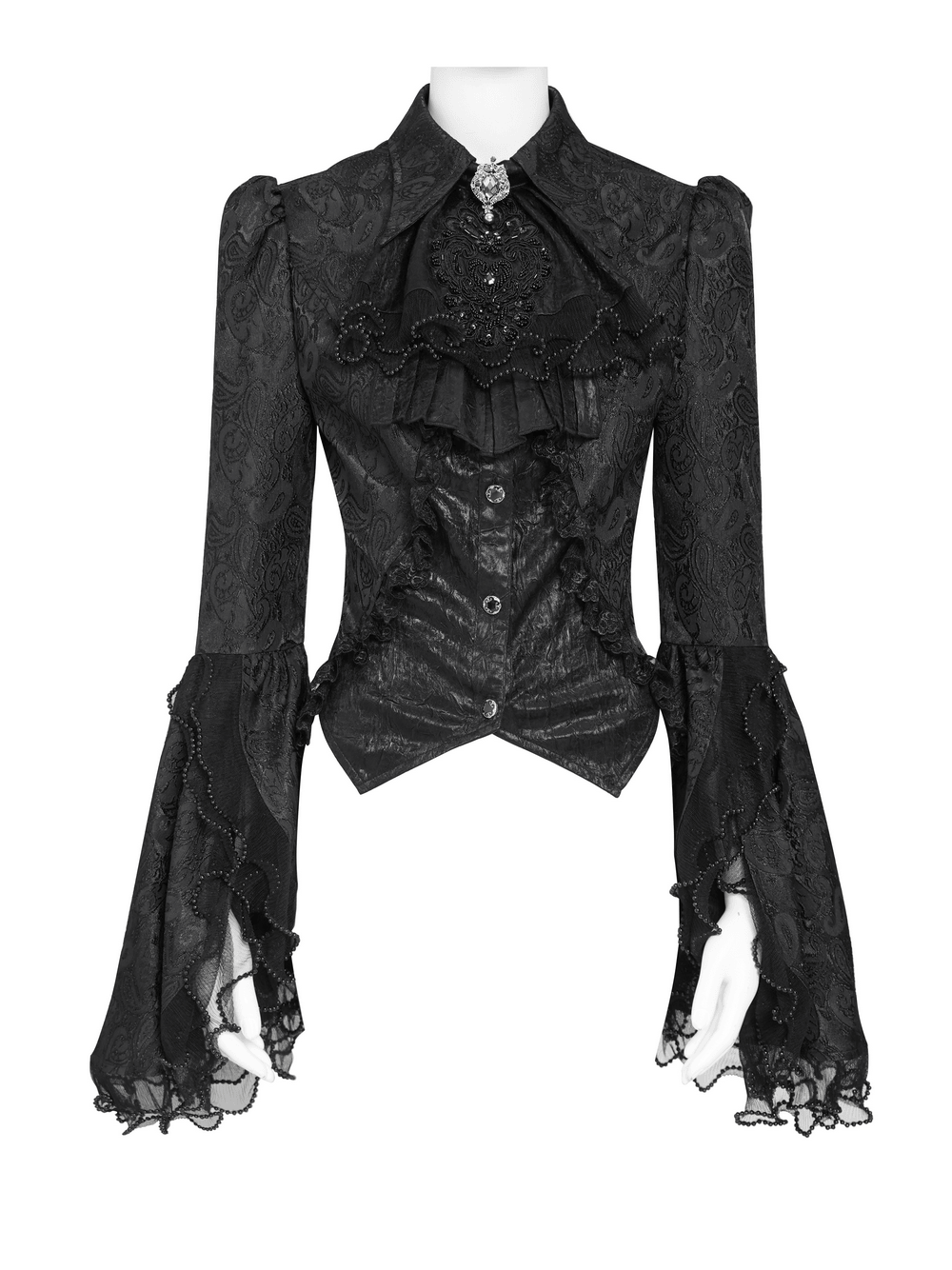 Elegant Alternative Jacquard Blouse with Bell Sleeves, black gothic ruffle shirt with lace flared cuffs and Victorian charm