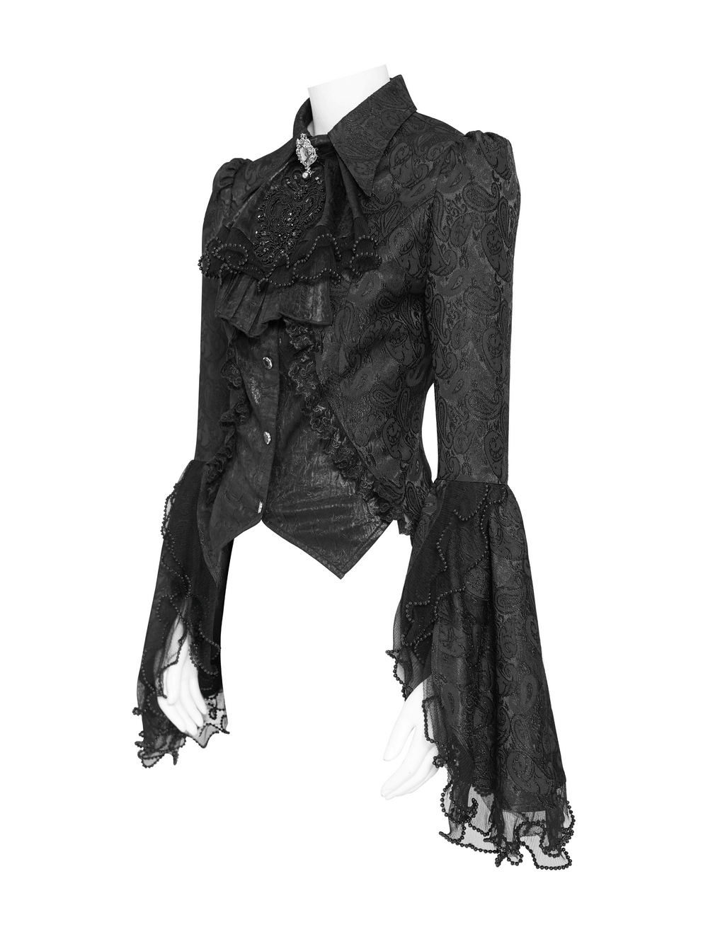 Elegant Alternative Jacquard Blouse with Bell Sleeves, black romantic goth ruffle shirt with lace flared cuffs